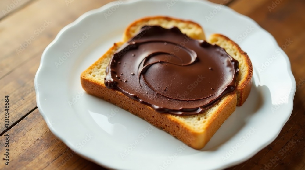 Poster a single slice of toasted bread topped with a generous swirl of rich, creamy chocolate spread, prese