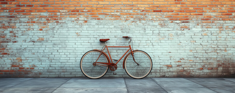 Vintage red bicycle against weathered brick wall outdoors - Powered by Adobe