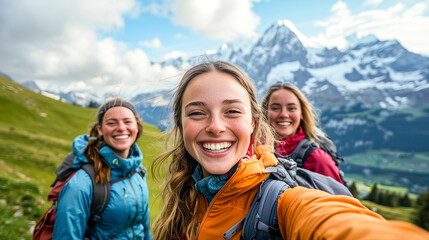 Three smiling young women enjoying a hiking adventure in a picturesque alpine setting with lush green meadows and snowy mountain peaks - trekking and mountain tourism concept