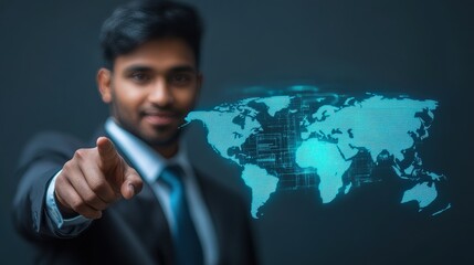 Professional man in suit presenting digital world map, showcasing technology, global connectivity, and business innovation in modern office environment