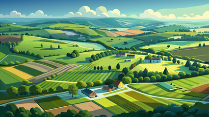 Aerial view of endless lush pastures and farmlands of England. Beautiful English countryside with emerald green fields and meadows. © williamnoah