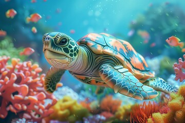 Obraz premium A vibrant sea turtle swimming through colorful coral reefs in a tranquil ocean.