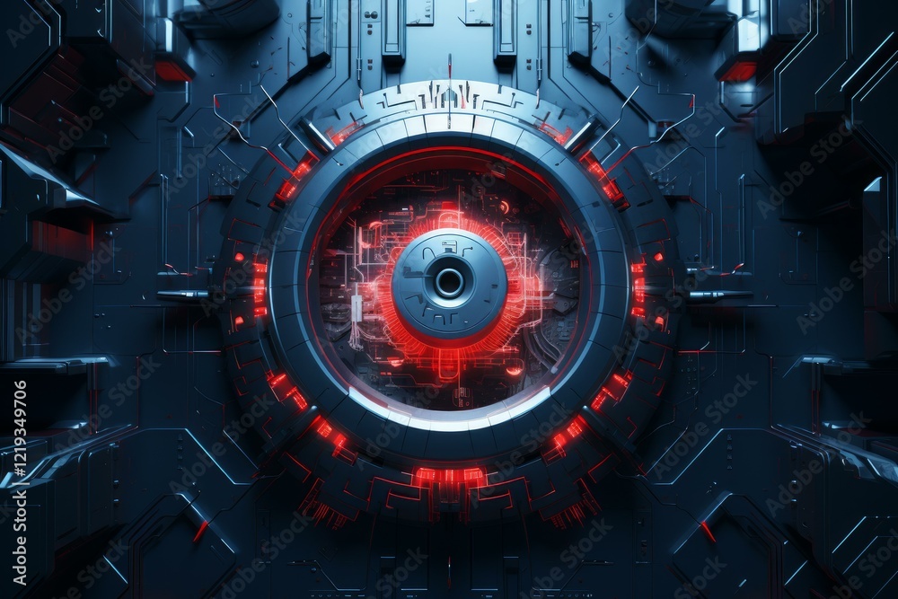 Wall mural glowing red eye watching from a spaceship control panel with cyberpunk aesthetics and futuristic tec