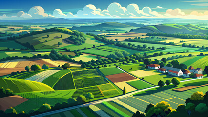 Aerial view of endless lush pastures and farmlands of England. Beautiful English countryside with emerald green fields and meadows. © williamnoah