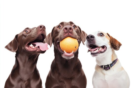 Three happy dogs holding a ball, great for pet or outdoor related images