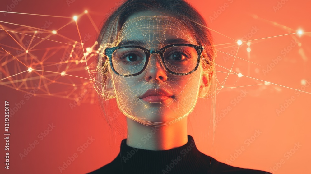Aufkleber biometric facial scan maps a woman's facial features, creating a network of interconnected nodes, hi