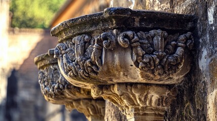 A row of stone planters on top of a stone wall, perfect for decoration or gardening
