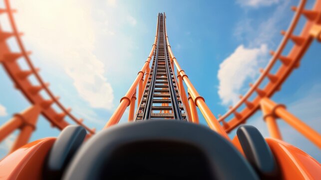 Acrophobia, Fear of Heights Concept, Aerial View from the Ground of Tall Rollercoaster Track Against a Bright Blue Sky with Fluffy Clouds