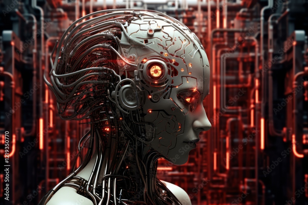 Poster advanced humanoid robot activating within complex technological environment, showcasing artificial i