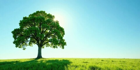 Serene Landscape Featuring a Majestic Tree Under a Bright Sun in a Verdant Field