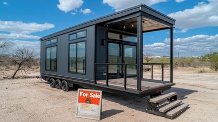 Minimalist tiny house with a clean design and a "For Sale" sign by the porch.