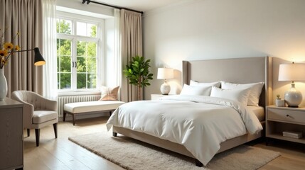 Fototapeta premium Serene Bedroom Sanctuary A Luxurious Master Suite with a Plush Bed, Soft Lighting, and Tranquil Window View