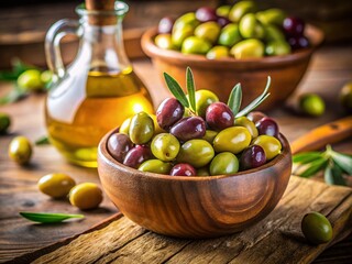 Rustic Still Life: Fresh Olives & Golden Olive Oil - Tilt-Shift Photography