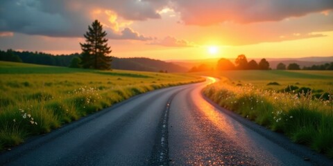 Naklejka premium Serene Sunset Drive on a Winding Country Road, Bathed in Golden Light and Framed by Lush Green Fields