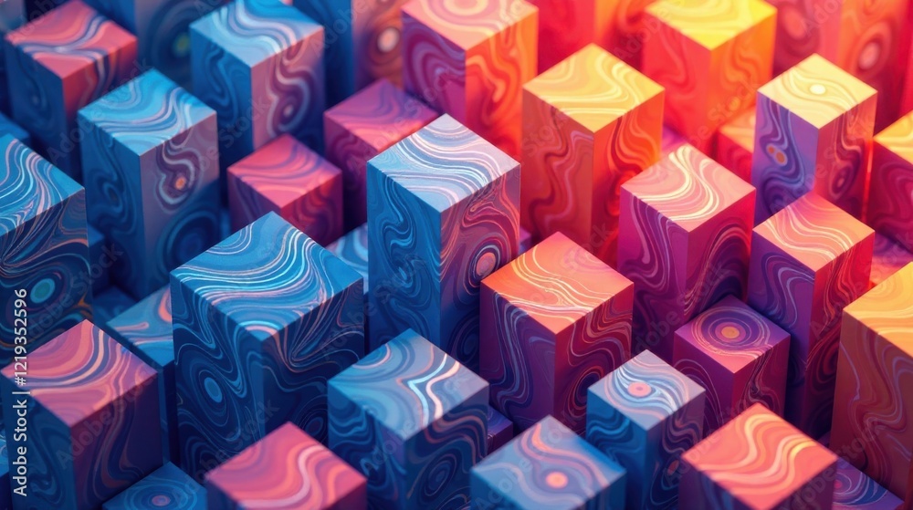 Aufkleber Abstract Swirling Cube Pattern A Vibrant, Textured Composition of Interlocking Blocks in a Spectrum of Blues, Pinks, and Oranges