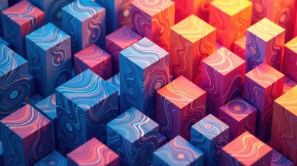Abstract Swirling Cube Pattern A Vibrant, Textured Composition of Interlocking Blocks in a Spectrum of Blues, Pinks, and Oranges