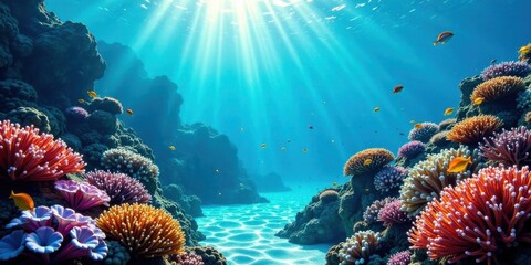 Fototapeta premium Vibrant Underwater Scene Showcasing a Thriving Coral Reef Ecosystem with Colorful Fish and Diverse Coral Formations