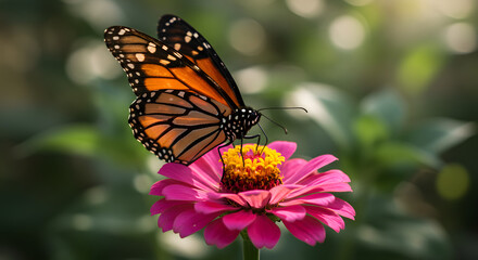 Fototapeta premium Monarch butterfly perched on pink zinnia flower feeding 