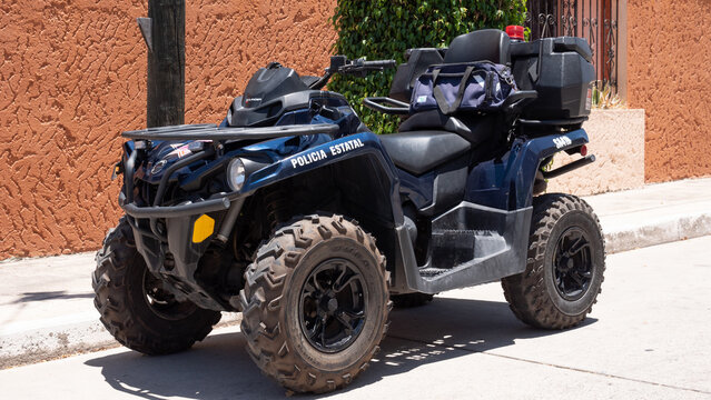 Mazatlan, Mexico - May 14, 2019: BRP Can-Am Outlander 1000R police ATV quadracycle. ATV quadracycle of state police parked outdoor. BRP Can-Am Outlander 1000R, corner view