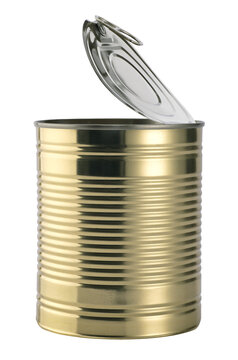 Opened tin can cropped against a white background