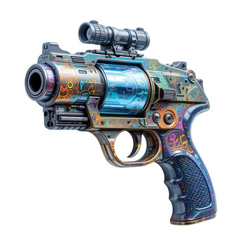 Cyberpunk Revolver Colorful Graffiti Digital Art Sci Fi Weapon 3d gun game blue gold cool model     