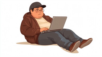 Professional Cartoon Man Using Laptop in Wide Angle Centered Composition