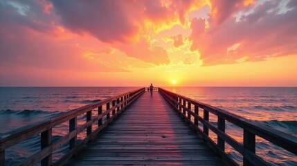 Fototapeta premium Solitary Figure Walking on a Wooden Pier at Sunrise Over a Serene Ocean