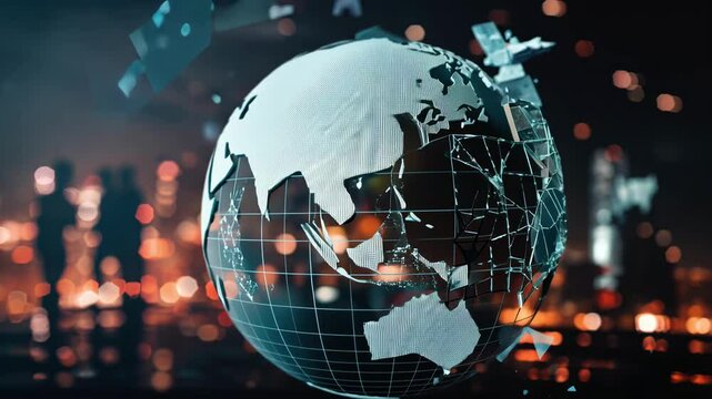 A fragmented digital globe with shattered pieces floating, illuminated by glowing city lights in the background, symbolizing global challenges and technological disruption. 4K video