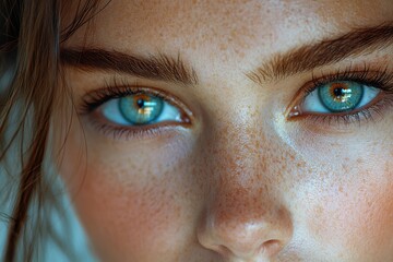 Fototapeta premium A close-up shot of a woman's face featuring prominent freckles