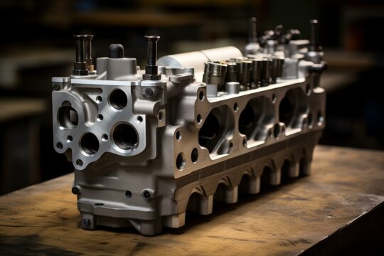 New cylinder head resting on workbench, showcasing precision engineering and automotive technology - Powered by Adobe