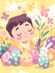 Happy child enjoying easter eggs and bunny in a flowery garden