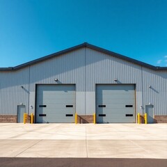 Fototapeta premium Industrial warehouse, large garage doors, sky background.