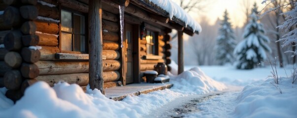 Icicles dripping onto the ground beneath a rustic wooden cottage, ground, cottage, daily life