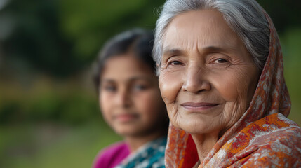 Naklejka premium An elderly woman and a young girl in traditional attire, sharing a meaningful moment of connection