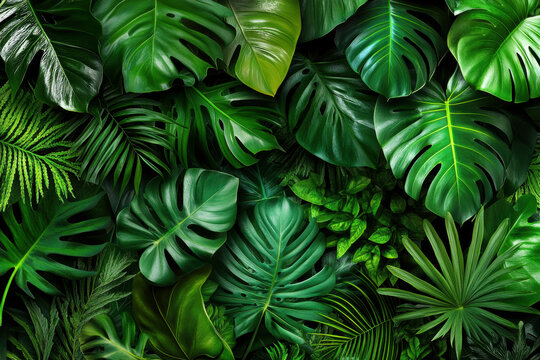 Vibrant tropical leaves creating a lush, green backdrop.

