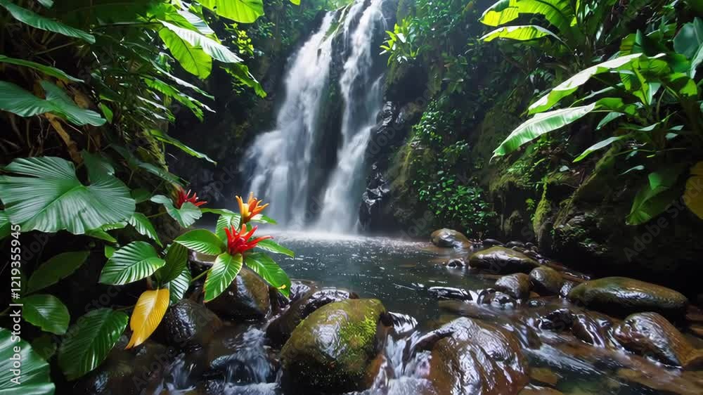 Poster a secluded waterfall cascading into a hidden jungle pool, surrounded by tropical plants and dappled 