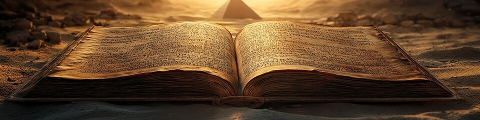 Obraz premium Ancient open book illuminated by golden light, resting in sandy desert with pyramid in background, symbolizing wisdom, mystery, and cultural history of ancient Egypt.