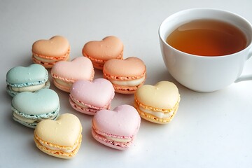Obraz premium A set of heart-shaped macaroons in soft pastel colors, neatly arranged on a white surface, with a cup of tea beside them