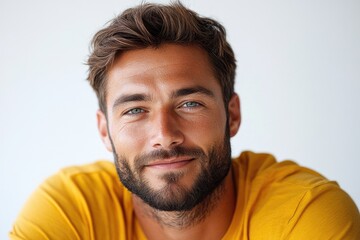 Obraz premium A close-up photo of a person wearing a bright yellow shirt, suitable for use in illustrations or as a visual reference