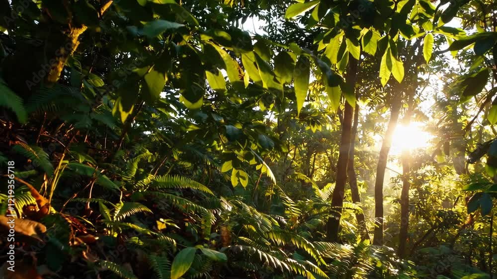 Poster A lush rainforest canopy with sunlight streaming through, highlighting the vibrant greens and creating patterns of shadow on the forest floor.
