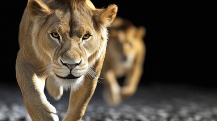 Obraz premium A lion's face and body are seen as it walks on rocky terrain