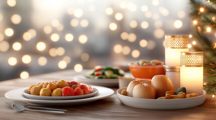 A whimsical 3D scene of a Ramadan iftar table filled with various delicious dishes and treats