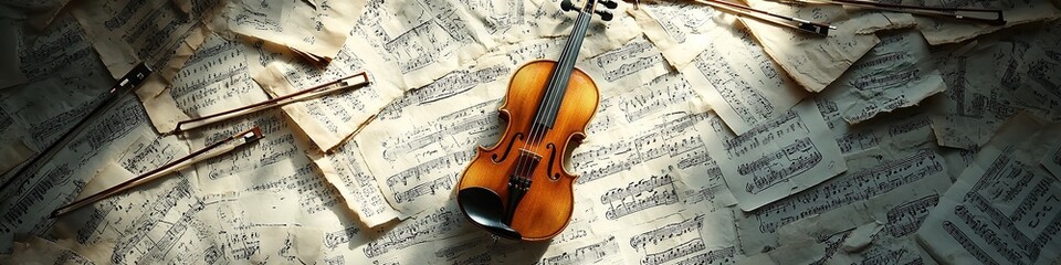  Vintage violin resting on scattered sheet music illuminated by soft light, symbolizing creativity, nostalgia, and passion for classical music and artistic expression.