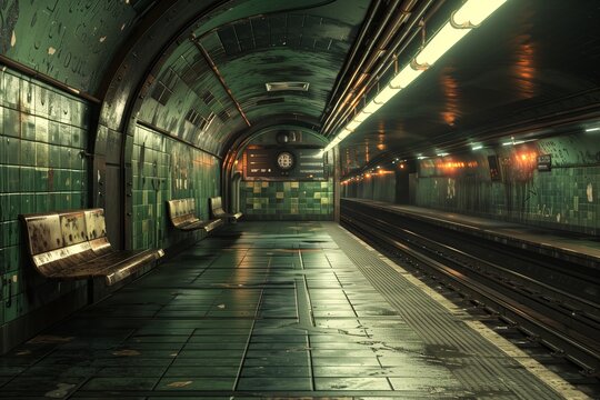 An empty subway station showcasing vintage green tiles and quiet ambiance.