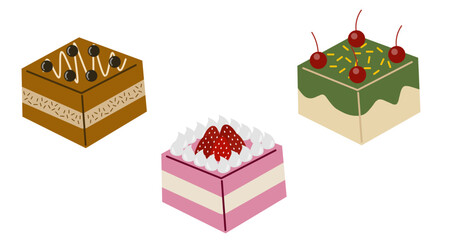 Set of small cakes with cherry and strawberry and chocolates on top. Dessert art design cute cakes collection.