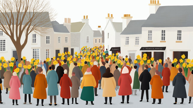 A vibrant St. David's Day parade in a Welsh village with people holding daffodils
