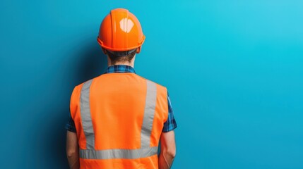 Construction Worker in Orange Safety Vest and Hard Hat Against a Blue Background