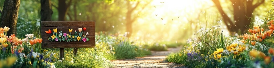 Obraz premium Garden path bordered with blooming flowers, leading to a wooden sign adorned with Easter motifs. Vibrant and festive, capturing the charm of springtime celebrations.