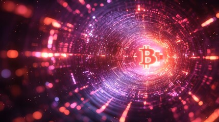 Obraz premium A glowing Bitcoin symbol surrounded by a swirling vortex of data and light.