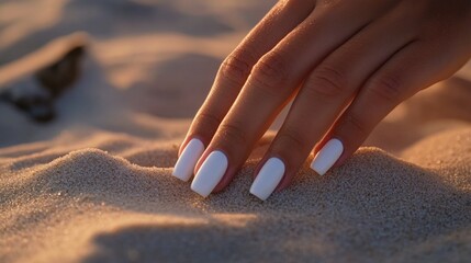 A woman's hand with white nail polish sitting on sandy beach, perfect for summer and vacation themes